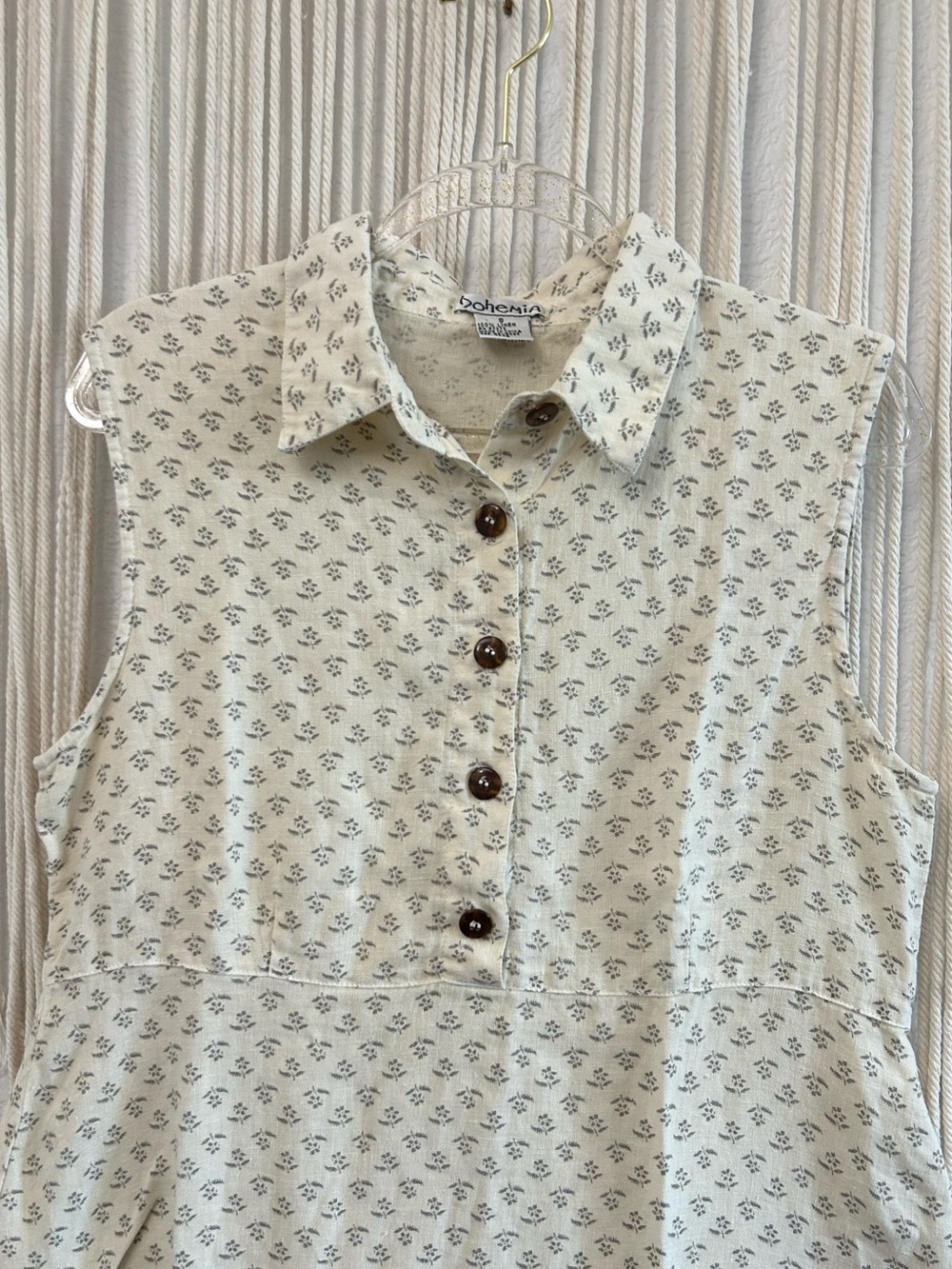 BOHEMIA Sleeveless Cream and gray Patterned Dress Button up collard Retro Linen - Picture 7 of 13